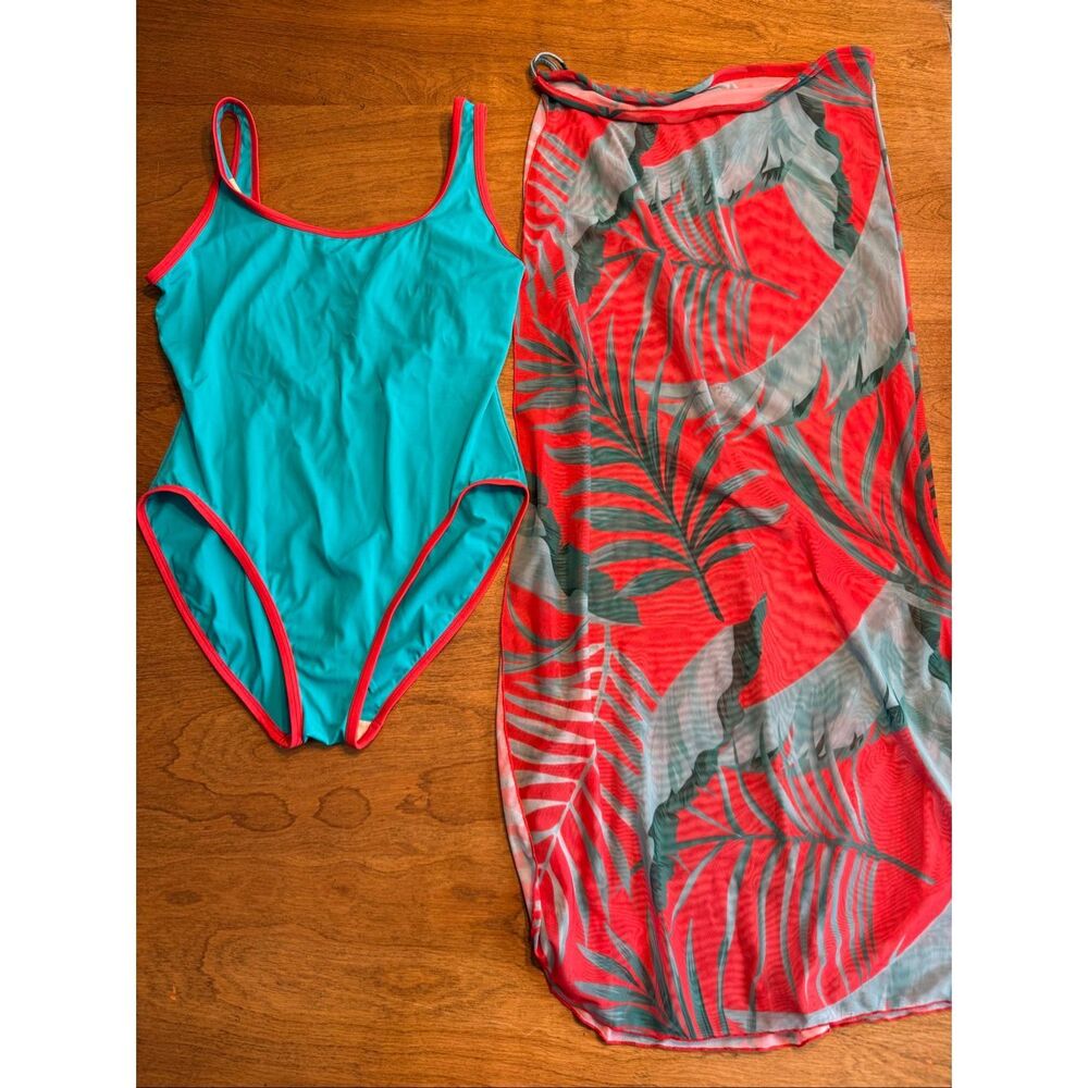 Bali Studio Women's One Piece Swimsuit Cover Skirt Set Teal Red Orange Medium/14 - Picture 4 of 12
